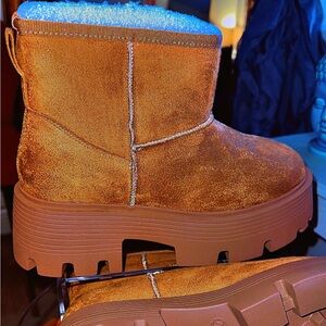 Tan Faux Suede Chucky Sole and Heel Ankle Boot lined with Faux Fur